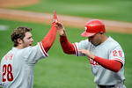 WASHINGTON - APRIL 13:  Raul Ibanez #29 of the Philadelphia Phillies is congratulated by Jayson Werth #28 after scoring against the Washington Nationals at Nationals Park on April 13, 2009 in Washington, DC.  (Photo by Greg Fiume/Getty Images)