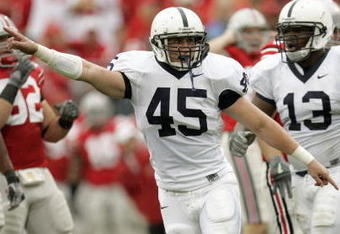 COLUMBUS, 0H - SEPTEMBER 23: Sean Lee #45 of Penn State Nittany Lions reacts on the field during the game against the Ohio State Buckeyes on September 23, 2006 at Ohio Stadium in Columbus, Ohio. (Photo By Gregory Shamus/Getty Images)  
