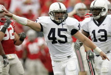 COLUMBUS, 0H - SEPTEMBER 23: Sean Lee #45 of Penn State Nittany Lions reacts on the field during the game against the Ohio State Buckeyes on September 23, 2006 at Ohio Stadium in Columbus, Ohio. (Photo By Gregory Shamus/Getty Images)  