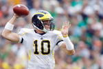 SOUTH BEND,IN - SEPTEMBER 13:  Quarterback Steven Threet #10 of the Michigan Wolverines passes the ball during the game against the Notre Dame Fighting Irish on September 13, 2008 at Notre Dame Stadium in South Bend, Indiana. (Photo by: Gregory Shamus/Getty Images)