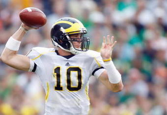 SOUTH BEND,IN - SEPTEMBER 13:  Quarterback Steven Threet #10 of the Michigan Wolverines passes the ball during the game against the Notre Dame Fighting Irish on September 13, 2008 at Notre Dame Stadium in South Bend, Indiana. (Photo by: Gregory Shamus/Getty Images)