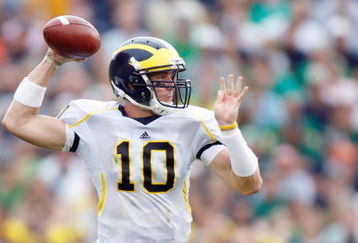 SOUTH BEND,IN - SEPTEMBER 13:  Quarterback Steven Threet #10 of the Michigan Wolverines passes the ball during the game against the Notre Dame Fighting Irish on September 13, 2008 at Notre Dame Stadium in South Bend, Indiana. (Photo by: Gregory Shamus/Getty Images)