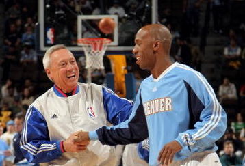 DENVER - NOVEMBER 07:  Referee Jimmy Clark and Chauncey Billups #7 of the Denver Nuggets greet one another prior to the game as the Nuggets host the Dallas Mavericks during NBA action at the Pepsi Center on November 7, 2008 in Denver, Colorado. The Nuggets defeated the Mavericks 108-105.  (Photo by Doug Pensinger/Getty Images)
