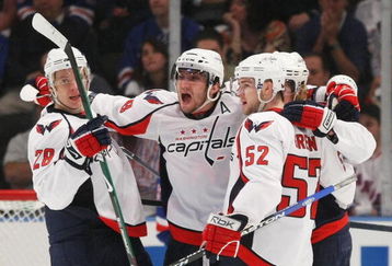 NEW YORK - APRIL 26: (L-R) Alexaner Semin #28,  Alex Ovechkin #8, Nicklas Backstrom #19 and Mike Green #52 of the Washington Capitals celebrate their goal at 16:44 of the second period against the New York Rangers during Game Six of the Eastern Conference Quarterfinal Round of the 2009 NHL Stanley Cup Playoffs at Madison Square Garden on April 26, 2009 in New York, New York. (Photo by Bruce Bennett/Getty Images)