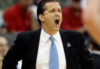 KANSAS CITY, MO - MARCH 21:   Head Coach John Calipari of the Memphis Tigers yells from the sideline during their second round game against the Maryland Terrapins in the NCAA Division I Men's Basketball Tournament at the Sprint Center on March 21, 2009 in Kansas City, Missouri.  (Photo by Jamie Squire/Getty Images)