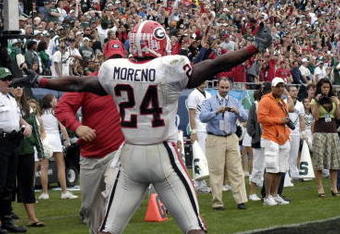 ORLANDO, FL - JANUARY 1: Running back Knowshon Moreno #24 of the University of Georgia celebrates a touchdown catch against the Michigan State Spartans during the 2009 Capital One Bowl at the Citrus Bowl on January 1, 2009 in Orlando, Florida.  (Photo by Al Messerschmidt/Getty Images)