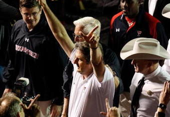 LUBBOCK, TX - NOVEMBER 01:  Head coach Mike Leach celebrates as he leaves the field after the Texas Tech Red Raiders defeated the Texas Longhorns with a final score of 34-33 on November 1, 2008 at Jones Stadium in Lubbock, Texas.  (Photo by Jamie Squire/Getty Images)