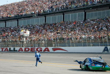 TALLADEGA, AL - APRIL 26:  Carl Edwards, driver of the #99 Claritin Ford, runs to the finish line after suffering damage at the conclusion of the NASCAR Sprint Cup Series Aaron's 499 at Talladega Superspeedway on April 26, 2009 in Talladega, Alabama.  (Photo by Jerry Markland/Getty Images for NASCAR)