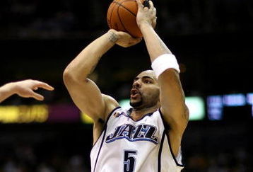 SALT LAKE CITY - APRIL 25:  Carlos Boozer #5 of the Utah Jazz shoots in Game Four of the Western Conference Quarterfinals against the Los Angeles Lakers during the 2009 NBA Playoffs at Energy Solutions Arena on April 25, 2009 in Salt Lake City, Utah.  The Lakers won 108-94.  NOTE TO USER: User expressly acknowledges and agrees that, by downloading and/or using this Photograph, user is consenting to the terms and conditions of the Getty Images License Agreement.  (Photo by Otto Greule Jr/Getty Images)  