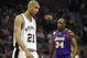 SAN ANTONIO - MAY 5:  Tim Duncan #21 of the San Antonio Spurs and Shaquille O'Neal #34 of the Los Angeles Lakers in game one of their Western Conference Semifinals during the 2003 NBA Playoffs on May 5, 2003 at the SBC Center in San Antonio, Texas.  The Spurs won 87-85.  NOTE TO USER:  User expressly acknowledges and agrees that, by downloading and/or using this Photograph, User is consenting to the terms and conditions of the Getty Images License Agreement. (Photo by Brian Bahr/Getty Images)