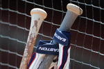 ATLANTA - APRIL 12: Detail view of bats and gloves of the Atlanta Braves are lined up before play against the Washington Nationals April 12, 2009 at Turner Field in Atlanta, Georgia.  (Photo by Al Messerschmidt/Getty Images)