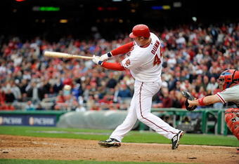 WASHINGTON - APRIL 13:  Adam Dunn #44 of the Washington Nationals bats against the Philadelphia Phillies at Nationals Park on April 13, 2009 in Washington, DC.  (Photo by Greg Fiume/Getty Images)