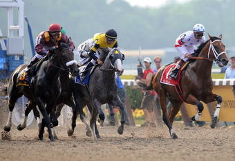 ELMONT, NY - JUNE 07:  (L-R) Da'Tara ridden by Alan Garcia, Macho Again ridden by Garrett Gomez and Big Brown ridden by Kent Desormeaux take off during the start of the 140th running of the Belmont Stakes at Belmont Park on June 7, 2008 in Elmont, New York.  (Photo by Jeff Zelevansky/Getty Images)