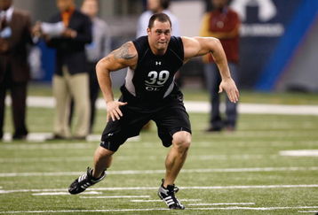 INDIANAPOLIS, IN - FEBRUARY 21:  Offensive lineman Lydon Murtha of Nebraska runs in practice drills during the NFL Scouting Combine presented by Under Armour at Lucas Oil Stadium on February 21, 2009 in Indianapolis, Indiana. (Photo by Scott Boehm/Getty Images)