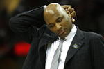 CLEVELAND - APRIL 18:  Michael Curry head coach of the Detroit Pistons scratches his head against the Cleveland Cavaliers during Game One of the Eastern Conference Quarterfinals during the 2009 NBA Playoffs at Quicken Loans Arena on April 18, 2009 in Cleveland, Ohio. NOTE TO USER: User expressly acknowledges and agrees that, by downloading and or using this photograph, User is consenting to the terms and conditions of the Getty Images License Agreement.  (Photo by Matt Sullivan/Getty Images)