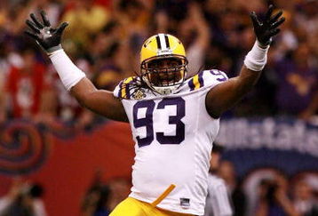NEW ORLEANS - JANUARY 07:  Tyson Jackson #93 of the Louisiana State University Tigers celebrates during the AllState BCS National Championship against the Ohio State Buckeyes on January 7, 2008 at the Louisiana Superdome in New Orleans, Louisiana.  (Photo by Doug Benc/Getty Images)