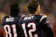 FOXBOROUGH, MA - DECEMBER 23: Randy Moss #81 and Tom Brady #12 of the New England Patriots stand on the sideline against the Miami Dolphins at Gillette Stadium on December 23, 2007 in Foxborough, Massachusetts. Patriots won 28-7. (Photo by Jim Rogash/Getty Images)