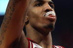 CHICAGO - APRIL 26: Tyrus Thomas #24 of the Chicago Bulls pops his mouthpiece out of his mouth after missing a free throw against the Boston Celtics in Game Four of the Eastern Conference Quarterfinals during the 2009 NBA Playoffs at the United Center on April 26, 2009 in Chicago, Illinois. The Bulls defeated the Celtics 121-118 in double overtime. NOTE TO USER: User expressly acknowledges and agreees that, by downloading and/or using this Photograph, User is consenting to the terms and conditions of the Getty Images License Agreement. (Photo by Jonathan Daniel/Getty Images)