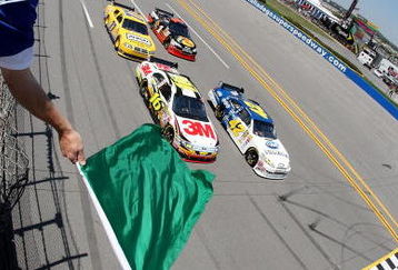TALLADEGA, AL - APRIL 26:  Juan Pablo Montoya, driver of the #42 Tums Dual Action Chevrolet, leads the field to the green flag during the NASCAR Sprint Cup Series Aaron's 499 at Talladega Superspeedway on April 26, 2009 in Talladega, Alabama.  (Photo by Christian Petersen/Getty Images)