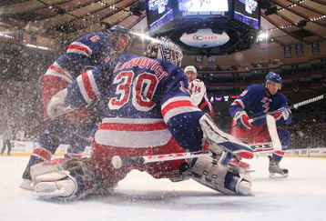 NEW YORK - APRIL 26:  Henrik Lundqvist #30 of the New York Rangers tends net against the Washington Capitals during Game Six of the Eastern Conference Quarterfinal Round of the 2009 NHL Stanley Cup Playoffs at Madison Square Garden on April 26, 2009 in New York, New York.  (Photo by Bruce Bennett/Getty Images)
