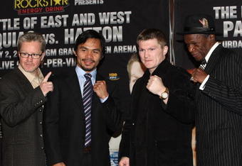 HOLLYWOOD - MARCH 30:  Trainer Freddie Roach, professional boxer Manny Pacquiao, professional boxer Ricky Hatton and trainer Floyd Mayweather attend 'The Battle of East and West', a promotion for the May 2, 2009 World Junior Welterweight Championship boxing match held at the Roosevelt Hotel on March 30, 2009 in Hollywood, California.  (Photo by Alberto E. Rodriguez/Getty Images)
