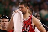 BOSTON - APRIL 28:  Brad Miller #52 of the Chicago Bulls looks after his bloody mouth in the overtime against the Boston Celtics in Game Five of the Eastern Conference Quarterfinals during the 2009 NBA Playoffs at TD Banknorth Garden on April 28, 2009 in Boston, Massachusetts. The Celtics defeated the Bulls 106-104 in overtime. NOTE TO USER: User expressly acknowledges and agrees that, by downloading and or using this photograph, User is consenting to the terms and conditions of the Getty Images License Agreement.  (Photo by Elsa/Getty Images)