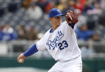 KANSAS CITY, MO - APRIL 5:  Pitcher Zach Greinke #23 of the Kansas City Royals throws a pitch in action against the Boston Red Sox on April 5, 2007 at Kauffman Stadium in Kansas City, Missouri.  (Photo by G. Newman Lowrance/Getty Images)