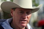 LOUISVILLE, KY - APRIL 30:  Larry Jones the trainer of Eight Belles talks with the media during the morning training for the Kentucky Derby on April 30, 2008 at Churchill Downs in Louisville, Kentucky.  (Photo by Andy Lyons/Getty Images)