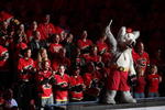 CALGARY, AB - APRIL 27: The Calgary Flames mascot 'Harvey the Hound'  leads fans in a cheer before the Flames played the Chicago Blackhawks  in Game Six of the Western Conference Quarterfinals of the 2009 Stanley Cup Playoffs on April 27, 2009 at the Pengrowth Saddledome in Calgary, Alberta, Canada. (Photo by Mike Ridewood/Getty Images)