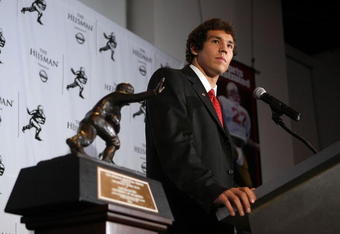 NEW YORK - DECEMBER 13:  Sam Bradford of the Oklahoma Sooners talks with the media at a press conference after winning the Heisman Trophy on December 13, 2008 at the Sports Museum of America in New York City.  (Photo by Nick Laham/Getty Images)
