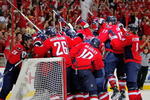 WASHINGTON - APRIL 28:  Simeon Varlamov #40 of the Washington Capitals is mobbed by his teammates after they defeated the New York Rangers during Game Seven of the Eastern Conference Quarterfinal Round of the 2009 Stanley Cup Playoffs on April 28, 2009 at the Verizon Center in Washington,  DC.  (Photo by Len Redkoles/Getty Images)