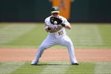OAKLAND, CA - MAY 7:  Daric Barton #10 of the Oakland Athletics plays the ball against the Baltimore Orioles during a MLB game on May 7, 2008 at McAfee Coliseum in Oakland, California.  (Photo by: Jed Jacobsohn/Getty Images)