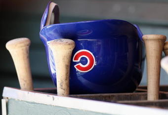 PHOENIX - APRIL 29:  A Chicago Cubs helmet and bats during the game against the Arizona Diamondbacks at Chase Field on April 29, 2009 in Phoenix, Arizona. The Diamondbacks defeated the Cubs 10-0.  (Photo by Christian Petersen/Getty Images)