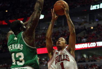CHICAGO - APRIL 30:  Derrick Rose #1 of the Chicago Bulls puts up a shot against Kendrick Perkins #43 of the Boston Celtics in Game Six of the Eastern Conference Quarterfinals during the 2009 NBA Playoffs at the United Center on April 30, 2009 in Chicago, Illinois. The Bulls defeated the Celtics 128-127 in triple-overtime. NOTE TO USER: User expressly acknowledges and agreees that, by downloading and/or using this Photograph, User is consenting to the terms and conditions of the Getty Images License Agreement.  (Photo by Jonathan Daniel/Getty Images)