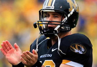 COLUMBIA, MO - SEPTEMBER 13:  Quarterback Chase Daniel #10 of the Missouri Tigers applaudes after passing for a touchdown during the first half of the game against the Nevada Wolf Pack on September 13, 2008 at Memorial Stadium in Columbia, Missouri.  (Photo by Jamie Squire/Getty Images)