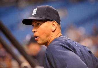 ST. PETERSBURG, FL - APRIL 13: Infielder Alex Rodriguez #13 of the New York Yankees watches batting practice against the Tampa Bay Rays on April 13, 2009 at Tropicana Field n St. Petersburg, Florida.  (Photo by Al Messerschmidt/Getty Images) 