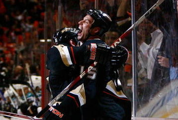 ANAHEIM, CA - APRIL 27:  Ryan Getzlaf #15 of the Anaheim Ducks celebrates his goal in the third period with Francois Beauchemin #23 during Game Six of the Western Conference Quarterfinal Round of the 2009 Stanley Cup Playoffs at the Honda Center on April 27, 2009 in Anaheim, California. The Ducks defeated the San Jose Sharks to advance to the Western Conference Semifinals against the Detroit Red Wings. (Photo by Jeff Gross/Getty Images)