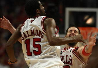 CHICAGO - APRIL 30: John Salmons #15 and Brad Miller #52 of the Chicago Bulls celebrate a shot against the Boston Celtics in Game Six of the Eastern Conference Quarterfinals during the 2009 NBA Playoffs at the United Center on April 30, 2009 in Chicago, Illinois. The Bulls defeated the Celtics 128-127 in triple-overtime. NOTE TO USER: User expressly acknowledges and agreees that, by downloading and/or using this Photograph, User is consenting to the terms and conditions of the Getty Images License Agreement. (Photo by Jonathan Daniel/Getty Images)