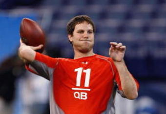 INDIANAPOLIS, IN - FEBRUARY 22:  Quarterback Graham Harrell of Texas Tech drops back to pass the football during the NFL Scouting Combine presented by Under Armour at Lucas Oil Stadium on February 22, 2009 in Indianapolis, Indiana. (Photo by Scott Boehm/Getty Images)