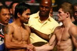 LAS VEGAS - MAY 01:  (L-R) Manny Pacquiao of the Philippines and Ricky Hatton of England shake hands after both fighters stepped on the scale during the weigh-in for their junior welterweight title fight at the MGM Grand Garden Arena May 1, 2009 in Las Vegas, Nevada.Photo by Al Bello/Getty Images)  (Photo by Al Bello/Getty Images)