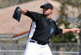 DUNEDIN, FL - FEBRUARY 25 :  Pitcher Brett Cecil of the Toronto Blue Jays starts against the New York Yankees February 25, 2009 at Dunedin Stadium in Dunedin, Florida.  (Photo by Al Messerschmidt/Getty Images)
