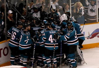 SAN JOSE, CA - APRIL 25:  The San Jose Sharks celebrate after scoring the game winning goal in overtime against the Anaheim Ducks during Game Five of the Western Conference Quarterfinal Round of the 2009 NHL Stanley Cup Playoffs at HP Pavilion on April 25, 2009 in San Jose, California. The Sharks won 3-2 in overtime.  (Photo by Stephen Dunn/Getty Images)