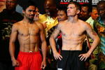 LAS VEGAS - MAY 01:  (L-R) Manny Pacquiao of the Philippines and Ricky Hatton of England pose after both fighters stepped on the scale during the weigh-in for their junior welterweight title fight at the MGM Grand Garden Arena May 1, 2009 in Las Vegas, Nevada.Photo by Al Bello/Getty Images)  (Photo by Al Bello/Getty Images)