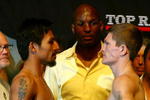 LAS VEGAS - MAY 01:  (L-R) Manny Pacquiao of the Philippines and Ricky Hatton of England pose after both fighters stepped on the scale during the weigh-in for their junior welterweight title fight at the MGM Grand Garden Arena May 1, 2009 in Las Vegas, Nevada.Photo by Al Bello/Getty Images)  (Photo by Al Bello/Getty Images)