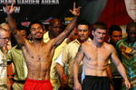 LAS VEGAS - MAY 01:  (L-R) Manny Pacquiao of the Philippines and Ricky Hatton of England pose after both fighters stepped on the scale during the weigh-in for their junior welterweight title fight at the MGM Grand Garden Arena May 1, 2009 in Las Vegas, Nevada.Photo by Al Bello/Getty Images)  (Photo by Al Bello/Getty Images)