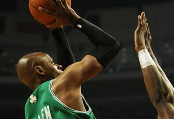 CHICAGO - APRIL 30: Ray Allen #20 of the Boston Celtics puts up a shot on his way to a game-high 51 points against the Chicago Bulls in Game Six of the Eastern Conference Quarterfinals during the 2009 NBA Playoffs at the United Center on April 30, 2009 in Chicago, Illinois. The Bulls defeated the Celtics 128-127 in triple-overtime. NOTE TO USER: User expressly acknowledges and agreees that, by downloading and/or using this Photograph, User is consenting to the terms and conditions of the Getty Images License Agreement. (Photo by Jonathan Daniel/Getty Images)