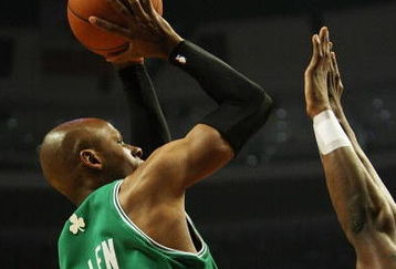 CHICAGO - APRIL 30: Ray Allen #20 of the Boston Celtics puts up a shot on his way to a game-high 51 points against the Chicago Bulls in Game Six of the Eastern Conference Quarterfinals during the 2009 NBA Playoffs at the United Center on April 30, 2009 in Chicago, Illinois. The Bulls defeated the Celtics 128-127 in triple-overtime. NOTE TO USER: User expressly acknowledges and agreees that, by downloading and/or using this Photograph, User is consenting to the terms and conditions of the Getty Images License Agreement. (Photo by Jonathan Daniel/Getty Images)