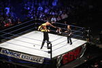 SYDNEY, AUSTRALIA - JUNE 15:  Kofi Kingston leaps from the turnbuckle against Chuck Palumbo during WWE Smackdown at Acer Arena on June 15, 2008 in Sydney, Australia.  (Photo by Gaye Gerard/Getty Images)