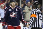 COLUMBUS, OHIO - APRIL 23:  Rick Nash #61 of the Columbus Blue Jackets reacts to a late call to referee Dan O'Halloran #13 against the Detroit Red Wings during Game Four of the Western Conference Quarterfinals of the 2009 Stanley Cup Playoffs on April 23, 2009 at the Nationwide Arena in Columbus, Ohio. The Red Wings defeated the Blue Jackets 6-5 on a late goal by Johan Franzen to eliminate the Blue Jackets 4 games to 0. (Photo by Claus Andersen/Getty Images