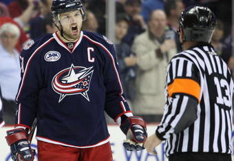 COLUMBUS, OHIO - APRIL 23:  Rick Nash #61 of the Columbus Blue Jackets reacts to a late call to referee Dan O'Halloran #13 against the Detroit Red Wings during Game Four of the Western Conference Quarterfinals of the 2009 Stanley Cup Playoffs on April 23, 2009 at the Nationwide Arena in Columbus, Ohio. The Red Wings defeated the Blue Jackets 6-5 on a late goal by Johan Franzen to eliminate the Blue Jackets 4 games to 0. (Photo by Claus Andersen/Getty Images